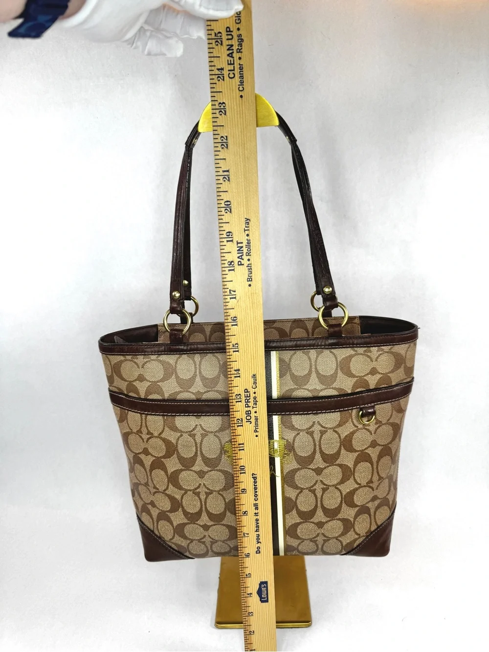 Coach Signature Stripe Tote Bag Brown Jacquard Canvas & Leather Shoulder Bag